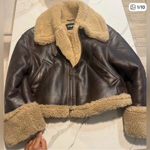 Zara Dark Brown Bomber Jacket with Tan Shearling